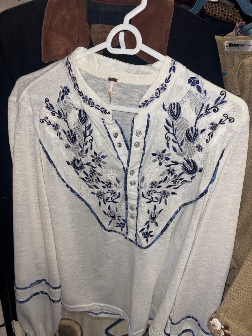 Free People Embroidered Henley Long-Sleeve Top - White w/Navy Floral Detail